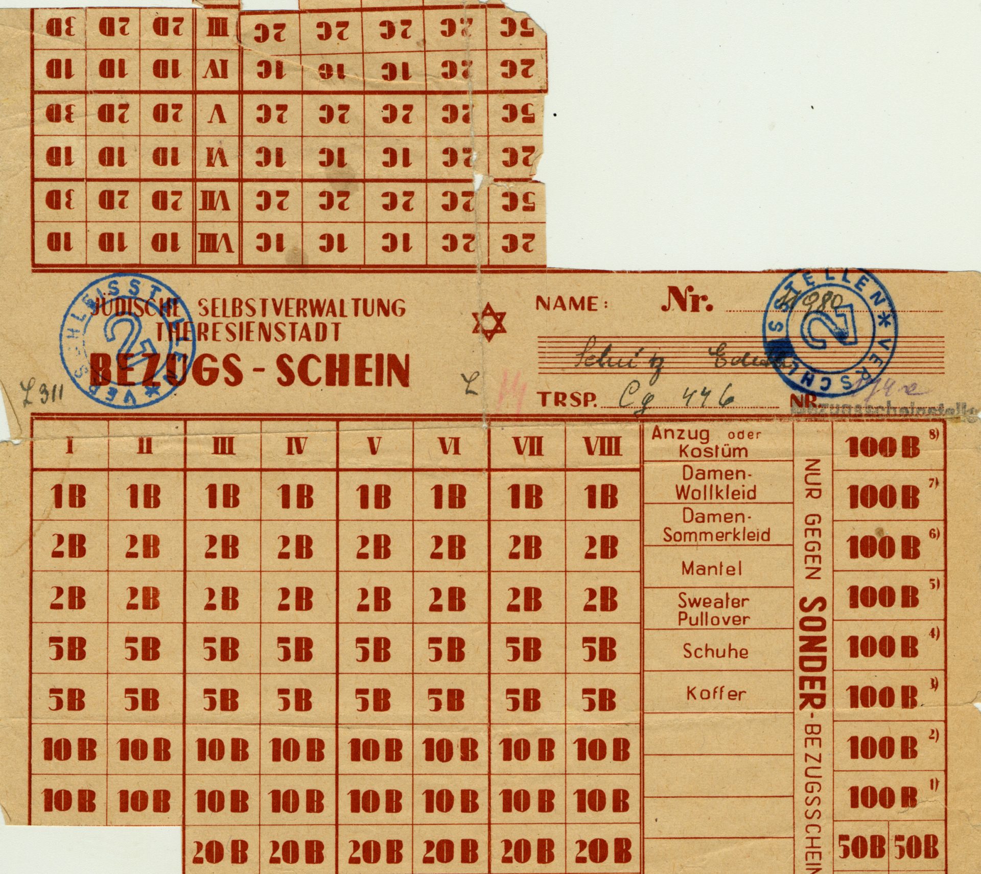 Cette feuille de coupons de rationnement  a appartenu à Emilie Schulzova. Ces coupons devaient être utilisés pour se procurer des produits disponibles en quantité limitée dans le ghetto de Theresienstadt.