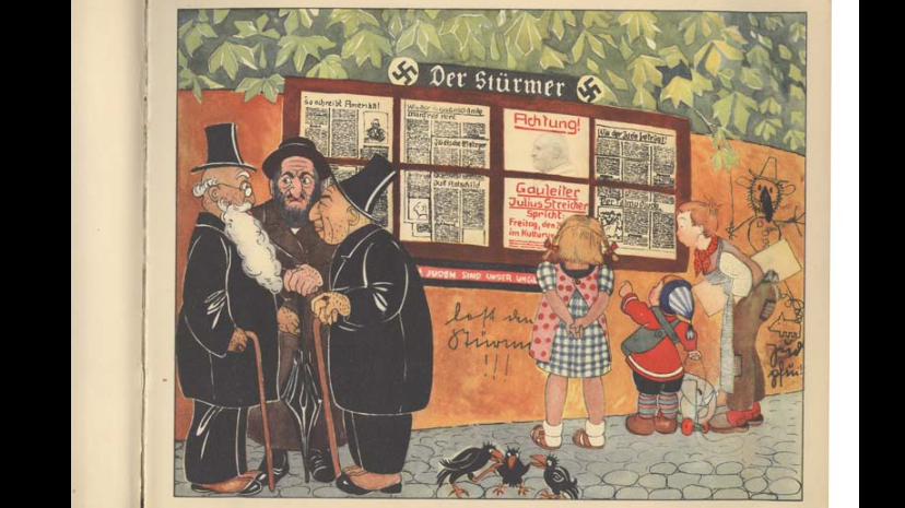 Stage 4 : Dehumanisation. Taken from a children’s book, this illustration compares Jews to ravens. Germany, 1936. Source : Montreal Holocaust Museum